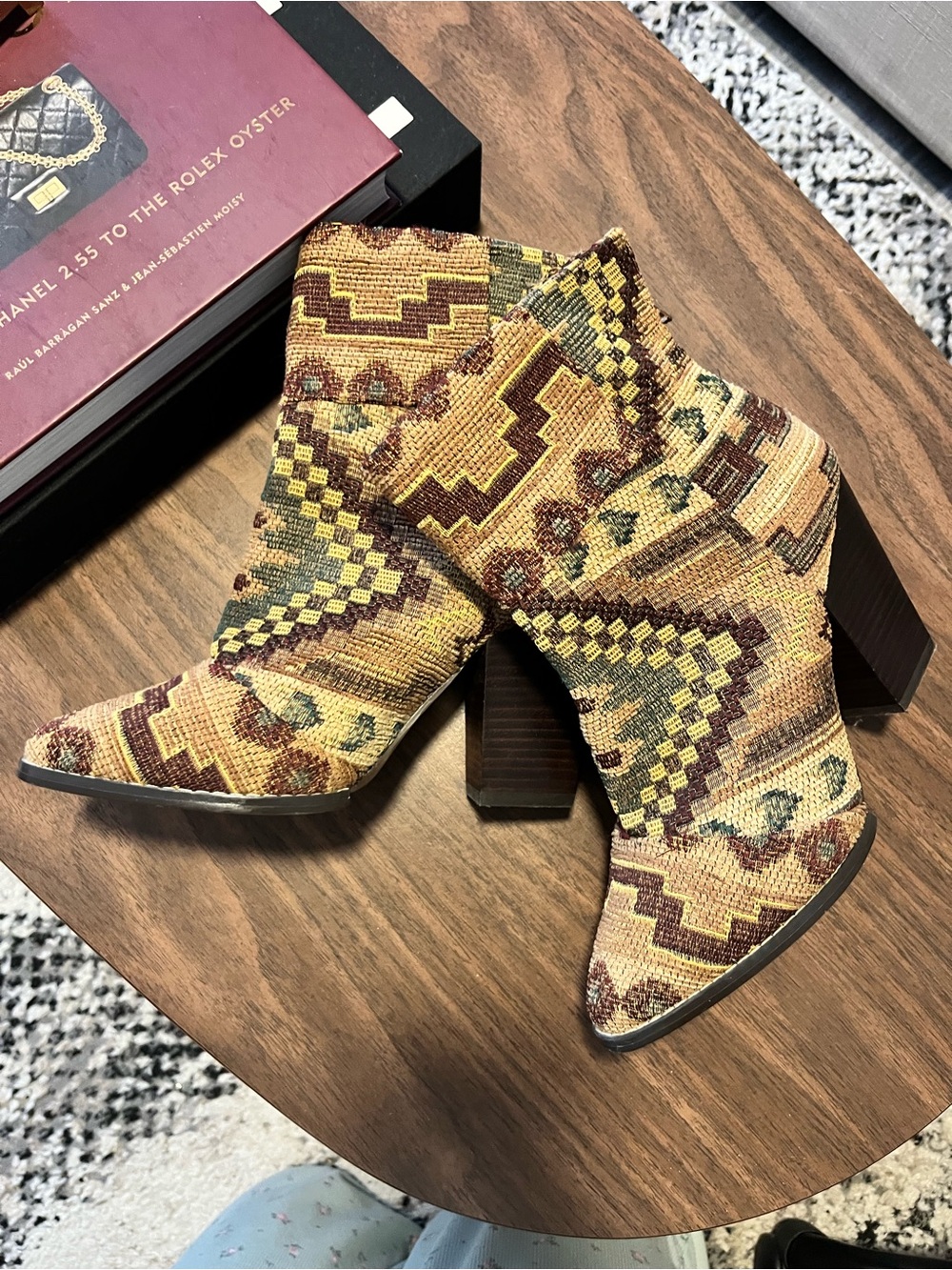 Kelsi Dagger Tapestry Rare Woven Pattern Ankle Boot in Tan, Brown and Green